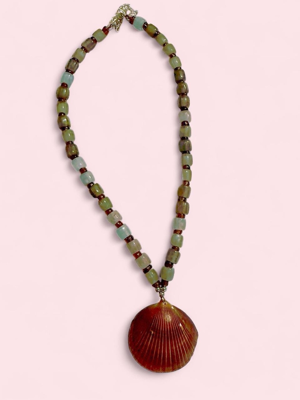 Handcrafted Green Beaded Necklace with Brown Shell Pendant